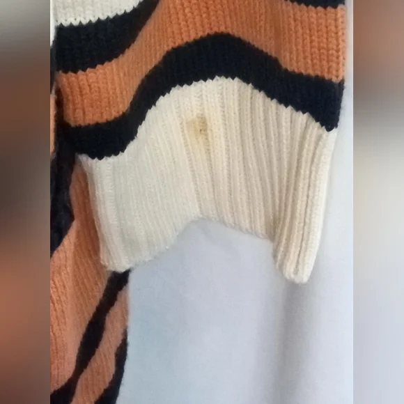 Cream Open Front Cardigan Rust Black Stripes Native Long Southwest Large Pockets - Picture 6 of 6